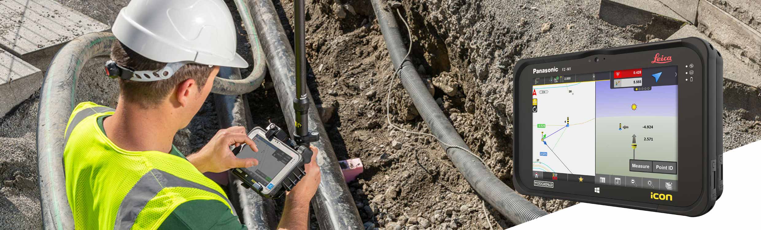 Bouwvakker in geel veiligheidsvest meet punten met een Leica iCON GPS 30 en een Leica iCON CC70-veldcontroller.